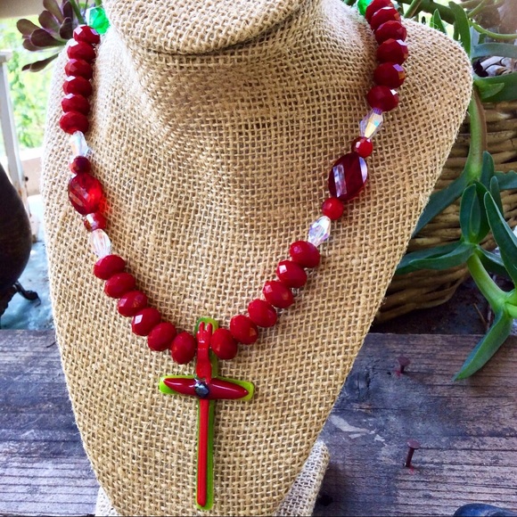 Christmas Red Crystal Glass Beads Artisan Blown Glass Custom Cross Necklace - Picture 6 of 8